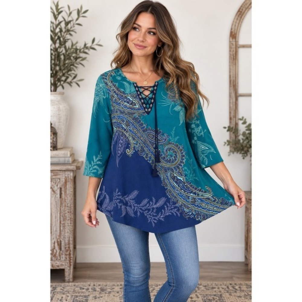 French Blue Paisley Lace Up Tassel Blouse Teal Navy Bell Sleeve M171203 Medium
